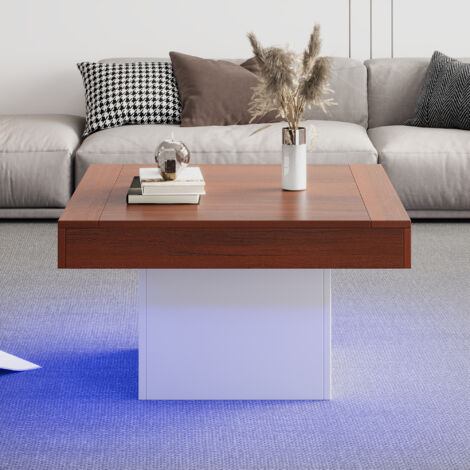Square Coffee Table with LED Lights Low Coffee Table for Living Room Wooden Center Table Cocktail Table for Home (Retro Brown+White)