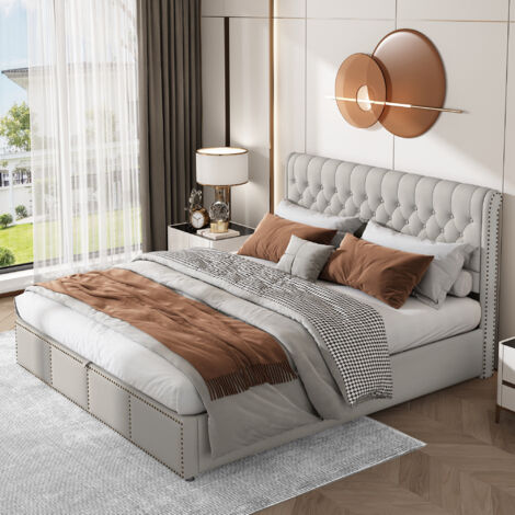Upholstered Bed,with Hydraulic Lever, Functional Storage Bed, Rivet Decoration, without Mattress, Linen, Light grey, Double Bed-4ft6(135x190cm)