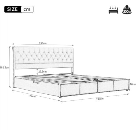 Upholstered Bed,with Hydraulic Lever, Functional Storage Bed, Rivet Decoration, without Mattress, Linen, Light grey, Double Bed-4ft6(135x190cm)