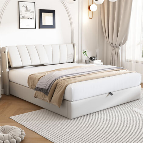LED Upholstered Bed, Hydraulic Bed, Rechargeable USB port in bed, with LED Lighting, with Storage Space, Adjustable Headboard, PU, white, King Size Bed-5ft(150x200cm)
