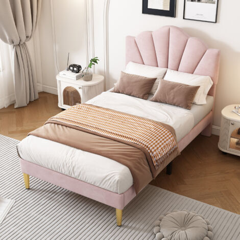 Velvet Upholstered bed, Shell-like Bed with Golden Iron Legs, Height-adjustable Headboard, Wooden Slatted Frame, Pink, Single Bed-3ft(90x190cm)