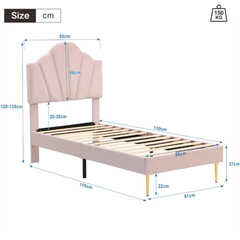 Velvet Upholstered bed, Shell-like Bed with Golden Iron Legs, Height-adjustable Headboard, Wooden Slatted Frame, Pink, Single Bed-3ft(90x190cm)