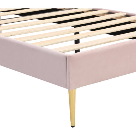 Velvet Upholstered bed, Shell-like Bed with Golden Iron Legs, Height-adjustable Headboard, Wooden Slatted Frame, Pink, Single Bed-3ft(90x190cm)