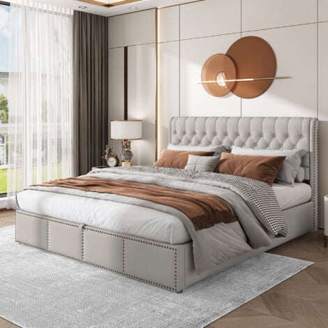 Upholstered Bed,with Hydraulic Lever, Functional Storage Bed, Rivet Decoration, without Mattress, Linen, Light grey, Super King Size Bed-6ft(180x200cm)