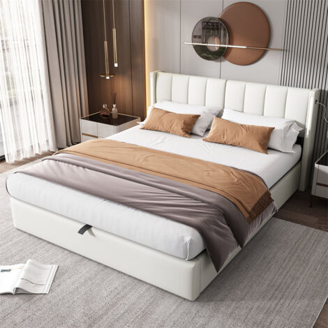 LED Upholstered Bed, Hydraulic Bed, Rechargeable USB port in bed, with LED Lighting, with Storage Space, Adjustable Headboard, PU, white, Double Bed-4ft6(135x190cm)