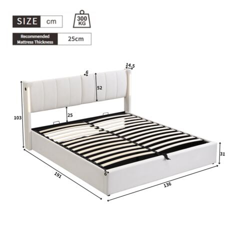 LED Upholstered Bed, Hydraulic Bed, Rechargeable USB port in bed, with LED Lighting, with Storage Space, Adjustable Headboard, PU, white, Double Bed-4ft6(135x190cm)