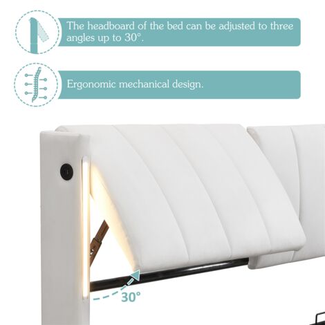 LED Upholstered Bed, Hydraulic Bed, Rechargeable USB port in bed, with LED Lighting, with Storage Space, Adjustable Headboard, PU, white, Double Bed-4ft6(135x190cm)