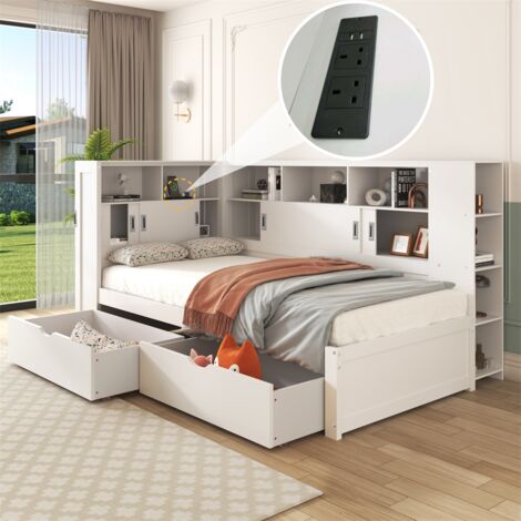 Platform Bed with Trundle & Bookcase & USB,Single Bed 90x190cm,Household Bed,with 2 Storage Drawers, Dust-proof Cabinet and Shelves,White