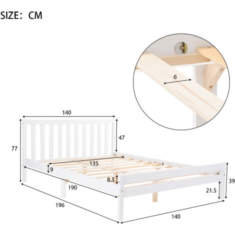 Wooden Bed Frame, Bedroom Furniture for Adults, Kids, Teenagers, Double Bed 4ft6 Solid Wooden Bed Frame 135 x 190 cm (White)