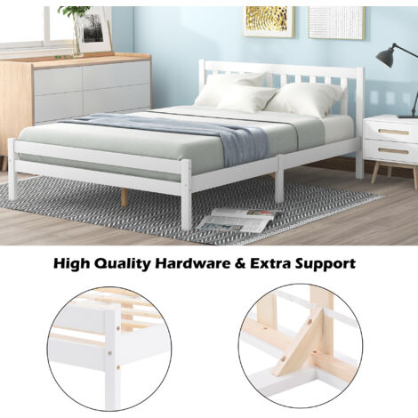 Wooden Bed Frame, Bedroom Furniture for Adults, Kids, Teenagers, Double Bed 4ft6 Solid Wooden Bed Frame 135 x 190 cm (White)