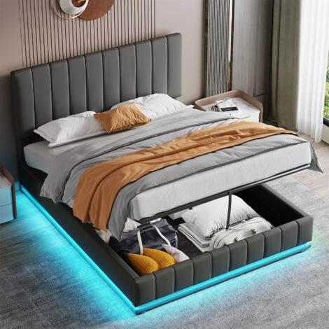 Ottoman King Bed with LED Lighting, PU Leather Upholstered Bed with Hydraulic Storage, 5ft King Bed Frame with Adjustable Channel Tufted Headboard, Grey (No Mattress)
