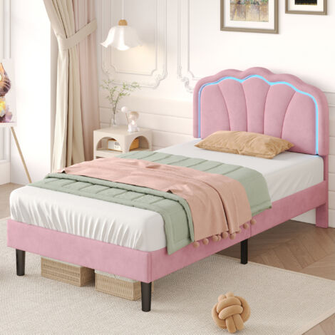 3FT Single Upholstered Bed with LED Adjustable Shell Shape Headboard, Soft Velvet Bed Frame with Solid Wood Slat, No Box Spring Needed, Pink (No Mattress) (1/5)