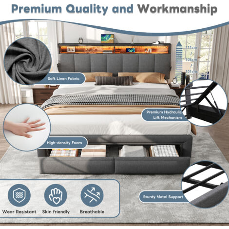 Dextrus King Size Bed With Hydraulic Storage, Charging Station, And 50.4"" High Wingback Headboard - Beige - View #7