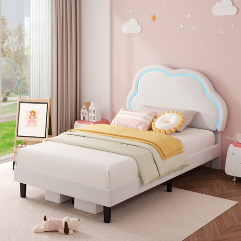 3FT Single Upholstered Bed with LED Adjustable Cute Cloud Headboard, Soft Velvet Bed Frame with Solid Wood Slat, No Box Spring Needed, Cream White (No Mattress)