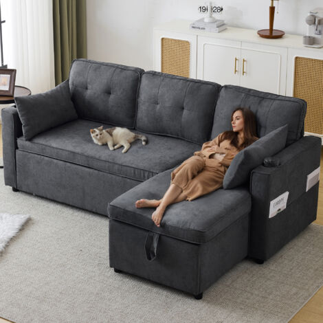 3-in-1 Convertible Sofa Bed with Internal Storage Chaise, L Shaped Sleeper Sofa Couches with Cup Holders, Pillows and Storage Pocket for Living Room/Bedroom, Grey