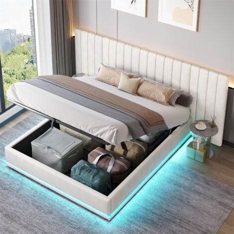 Ottoman Bed with LED Lighting , Velvet Upholstered Bed with Hydraulic Storage, 4ft6 Double Bed Frame with Channel Tufted Wide Headboard, Beige (No Mattress)
