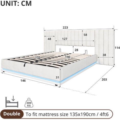 Ottoman Bed with LED Lighting , Velvet Upholstered Bed with Hydraulic Storage, 4ft6 Double Bed Frame with Channel Tufted Wide Headboard, Beige (No Mattress)