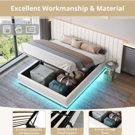 Ottoman Bed with LED Lighting , Velvet Upholstered Bed with Hydraulic Storage, 4ft6 Double Bed Frame with Channel Tufted Wide Headboard, Beige (No Mattress)