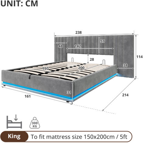 Ottoman Bed with LED Lighting, Velvet Upholstered Bed with Hydraulic Storage, 5ft King Bed Frame Channel Tufted Wide Headboard, Grey (No Mattress)