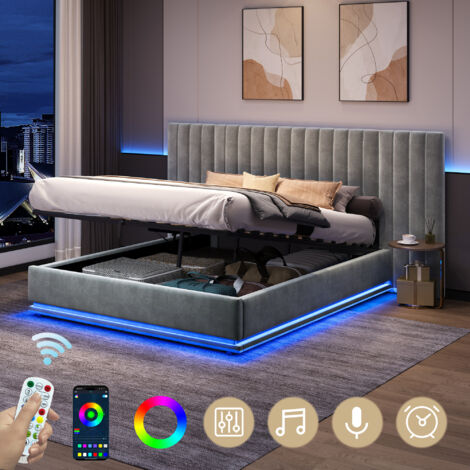 Ottoman Bed with LED Lighting, Velvet Upholstered Bed with Hydraulic Storage, 5ft King Bed Frame Channel Tufted Wide Headboard, Grey (No Mattress)