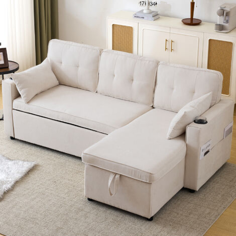 3-in-1 Convertible Sofa Bed with Internal Storage Chaise, L Shaped Sleeper Sofa Couches with Cup Holders, Pillows and Storage Pocket for Living Room/Bedroom, Beige