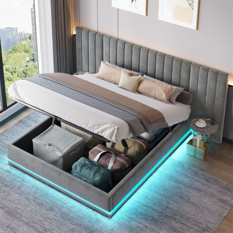 Ottoman Bed with LED Lighting , Velvet Upholstered Bed with Hydraulic Storage, 4ft6 Double Bed Frame with Channel Tufted Wide Headboard, Grey (No Mattress)