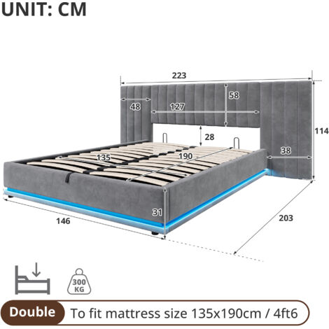 Ottoman Bed with LED Lighting , Velvet Upholstered Bed with Hydraulic Storage, 4ft6 Double Bed Frame with Channel Tufted Wide Headboard, Grey (No Mattress)