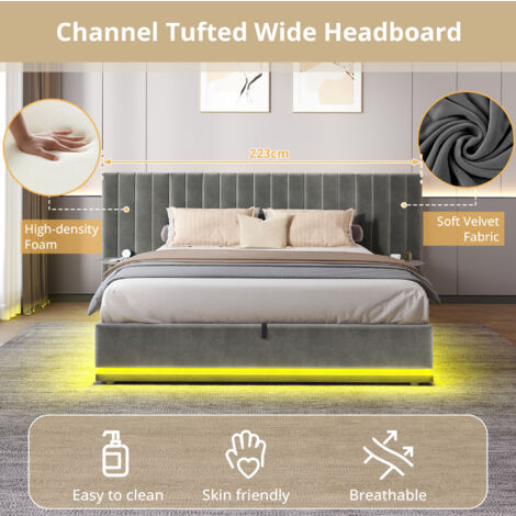 Ottoman Bed with LED Lighting , Velvet Upholstered Bed with Hydraulic Storage, 4ft6 Double Bed Frame with Channel Tufted Wide Headboard, Grey (No Mattress)