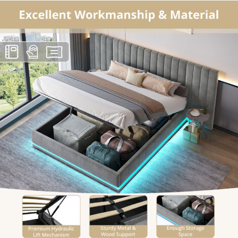 Ottoman Bed with LED Lighting , Velvet Upholstered Bed with Hydraulic Storage, 4ft6 Double Bed Frame with Channel Tufted Wide Headboard, Grey (No Mattress)