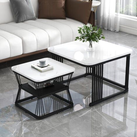 Set of 2 Tables Square Coffee Table Nesting Sofa Table Multi-functional End Side Table with Black Metal Frame Legs and Marble Pattern White Top for Living Room