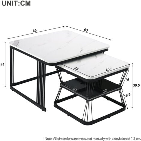 Set of 2 Tables Square Coffee Table Nesting Sofa Table Multi-functional End Side Table with Black Metal Frame Legs and Marble Pattern White Top for Living Room