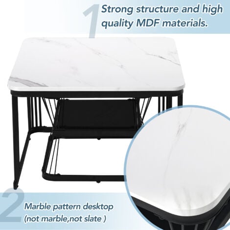 Set of 2 Tables Square Coffee Table Nesting Sofa Table Multi-functional End Side Table with Black Metal Frame Legs and Marble Pattern White Top for Living Room