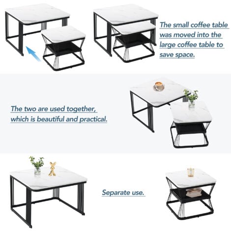 Set of 2 Tables Square Coffee Table Nesting Sofa Table Multi-functional End Side Table with Black Metal Frame Legs and Marble Pattern White Top for Living Room