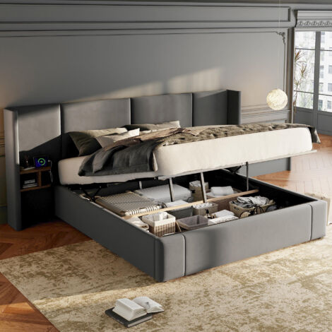 Upholstered Bed, Super King Size Bed-6ft(180x200cm),Velvet Ottoman Lift Up Bed Frame, Hydraulic Wide-ear bed with USB Connection, Sockets, Two Bedside Tables,No Mattre,Grey