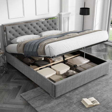 Upholstered Bed,Double Bed-4ft6(135x190cm), Velvet Ottoman Lift Up Double Size Bed Frame, Button Strip, Hydraulic Bed with Storage Space,No Mattress, Grey