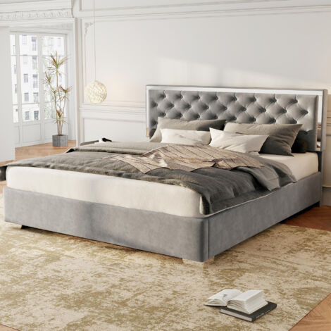 Upholstered Bed,Double Bed-4ft6(135x190cm), Velvet Ottoman Lift Up Double Size Bed Frame, Button Strip, Hydraulic Bed with Storage Space,No Mattress, Grey