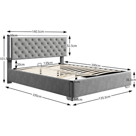 Upholstered Bed,Double Bed-4ft6(135x190cm), Velvet Ottoman Lift Up Double Size Bed Frame, Button Strip, Hydraulic Bed with Storage Space,No Mattress, Grey