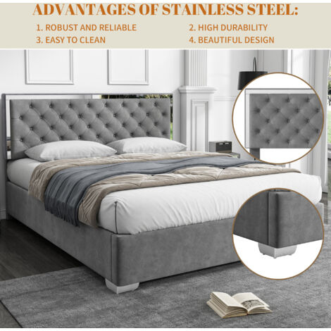 Upholstered Bed,Double Bed-4ft6(135x190cm), Velvet Ottoman Lift Up Double Size Bed Frame, Button Strip, Hydraulic Bed with Storage Space,No Mattress, Grey