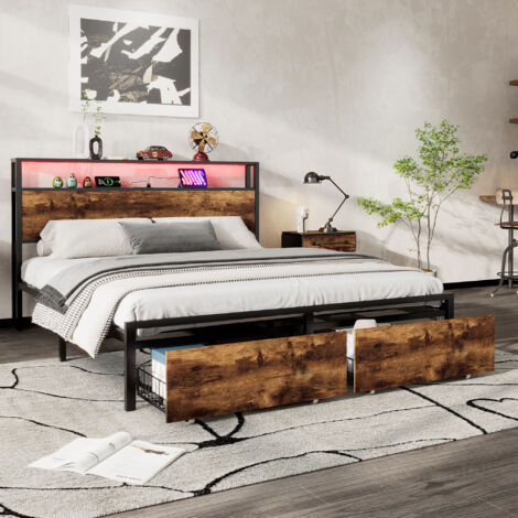 Metal Bed, Youth bed,Multifunctional Bed, Wrought Iron Bed, With LED Light Strip and Drawer, Black+Walnut, Double Bed 135x190cm (1/5)