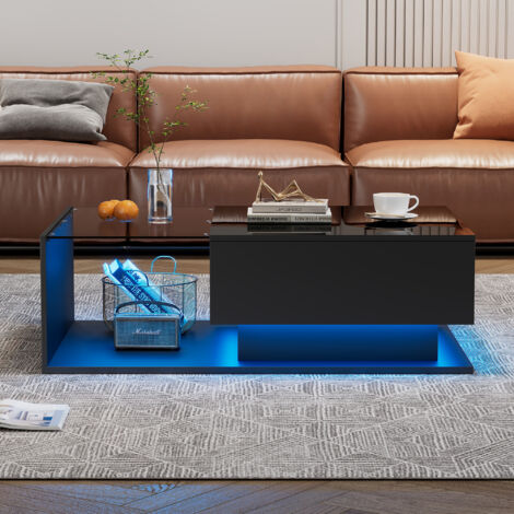 LED Coffee Table for Living Room, Modern High Gloss Coffee Table, Center Table with Glass, Modern Coffee Table for Living Room with Drawer (Black) (1/5)