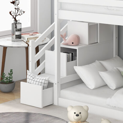 Bunk Bed with Stairs and Slide, Solid Pine Wood Frame, Children Bed with 2 Drawers in the Steps,90x190cm, White