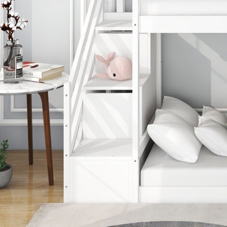 Bunk Bed with Stairs and Slide, Solid Pine Wood Frame, Children Bed with 2 Drawers in the Steps,90x190cm, White