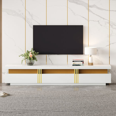 Luxury TV Stand with Faux Marble Top, TV Cabinet Golden Panel Design, and 3 Drawers for Televisions Up to 89'', Entertainment Center for Living Room, White (1/5)