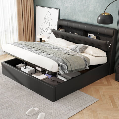 Fashion Upholstered Bed,King Bed 150x200cm,Hydraulic Bed,Concealed Headboard Storage,Bed Box Storage,PU,With Slats and Headboard,Without Mattress,Black