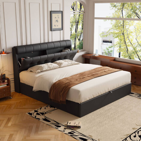 Fashion Upholstered Bed,King Bed 150x200cm,Hydraulic Bed,Concealed Headboard Storage,Bed Box Storage,PU,With Slats and Headboard,Without Mattress,Black