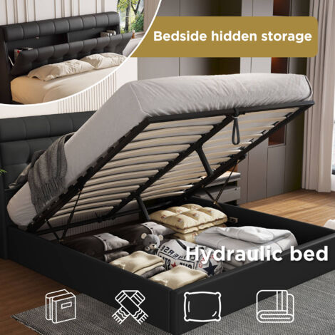 Fashion Upholstered Bed,King Bed 150x200cm,Hydraulic Bed,Concealed Headboard Storage,Bed Box Storage,PU,With Slats and Headboard,Without Mattress,Black
