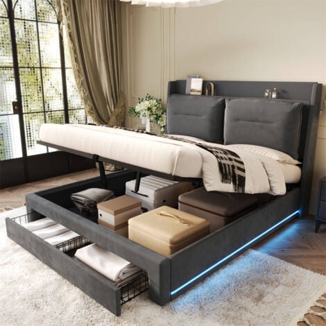 Upholstered Bed, King Size Bed 150x200, Hydraulic Bed, 2-in-1 Storage Drawers, Recessed LED Light Strips on Both Sides of the Bed, Velvet,Dark grey
