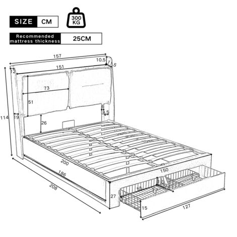 Upholstered Bed, King Size Bed 150x200, Hydraulic Bed, 2-in-1 Storage Drawers, Recessed LED Light Strips on Both Sides of the Bed, Velvet,Dark grey