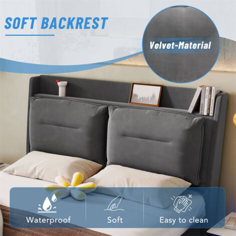 Upholstered Bed, King Size Bed 150x200, Hydraulic Bed, 2-in-1 Storage Drawers, Recessed LED Light Strips on Both Sides of the Bed, Velvet,Dark grey