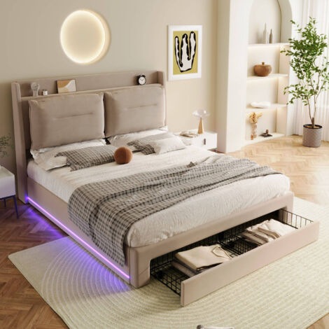 Upholstered Bed, King Size Bed 150x200, Hydraulic Bed, 2-in-1 Storage Drawers, Recessed LED Light Strips on Both Sides of the Bed, Velvet,Beige